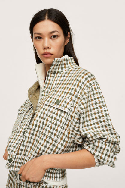 Checkered jacket with stand collar, button front, and patch pockets
