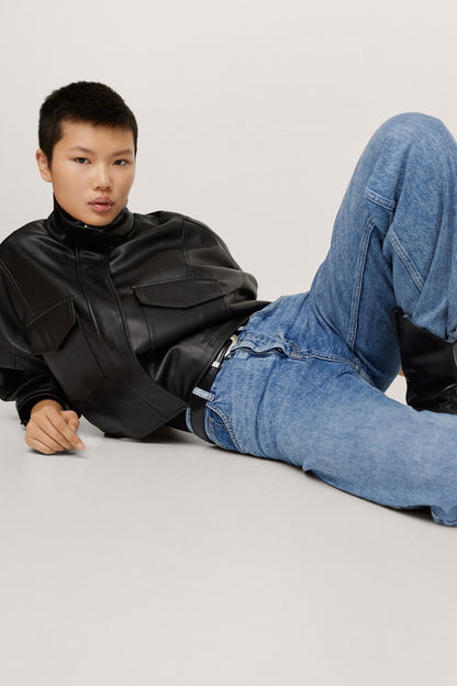 Black leather jacket with high collar and zip front, long sleeves