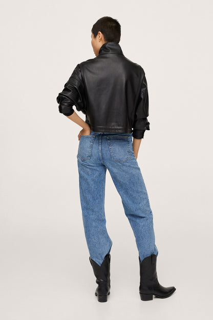 Black leather jacket, back view with high collar and long sleeves