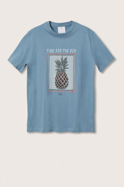 Blue crew-neck T-shirt with pineapple graphic front, flat lay