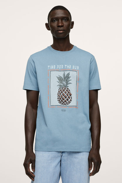 Blue crew-neck graphic T-shirt with pineapple front print