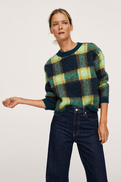 MANGO plaid knit sweater with crew neck, green and yellow squares