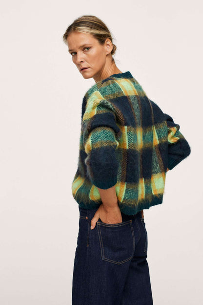 MANGO green plaid knit sweater with crew neck, long sleeves