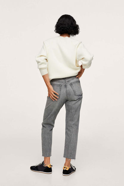 Back view denim grey cropped jeans with belt loops and patch pockets