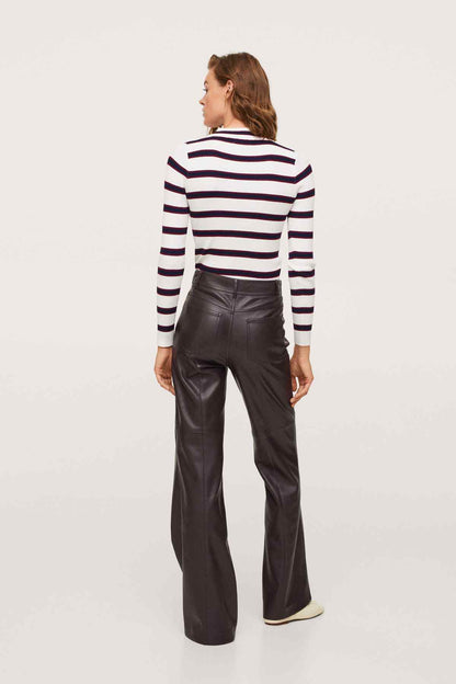 Striped knit sweater with crew neck, back view, cream with navy and maroon stripes
