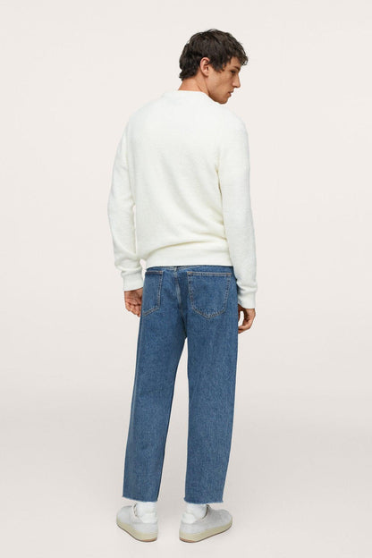 Men's medium-blue denim jeans, back view, straight leg