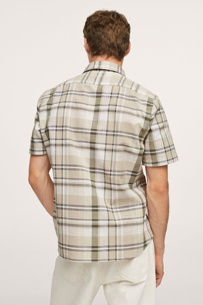 Men’s plaid short-sleeve shirt, back view, button-up with spread collar.