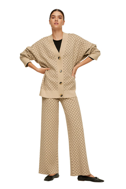 Beige patterned button-front blazer with wide-leg trousers