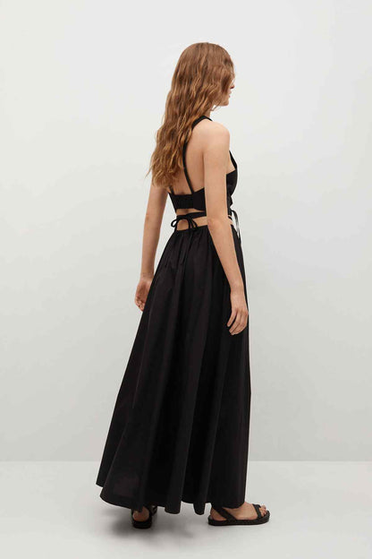 Black halter-style dress with open back and tie waist