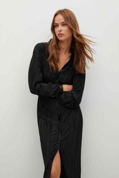 Black V-neck long-sleeve midi dress with button front and tie waist