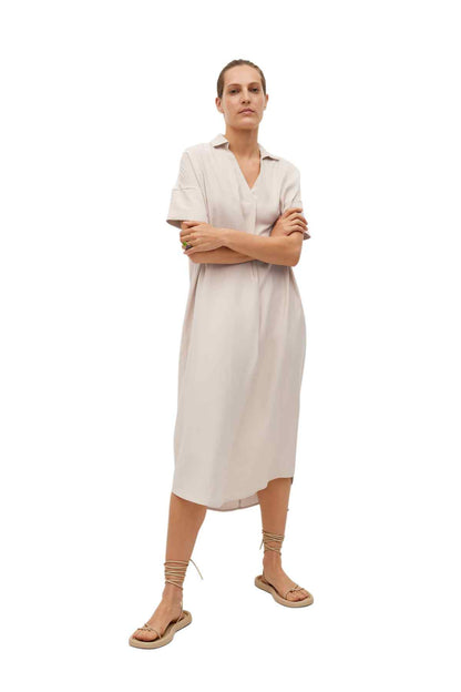 Beige midi shirt dress with short sleeves, V-neck, and straight hem
