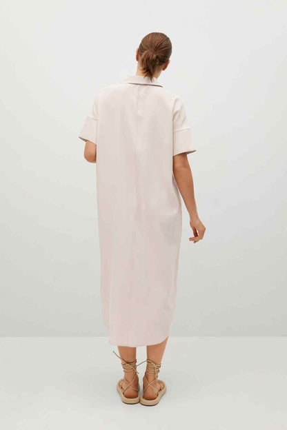 Beige shirt dress, back view with short sleeves and midi length