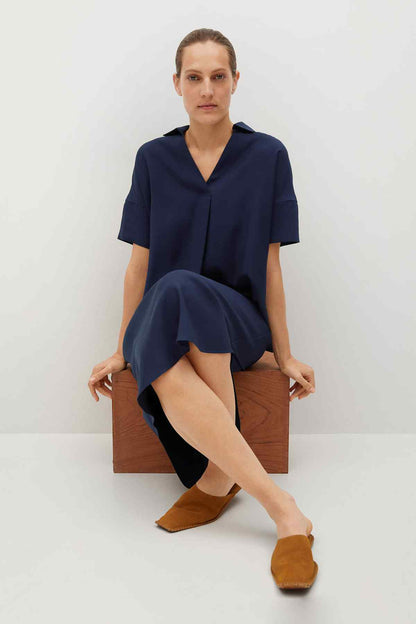 Dark navy short-sleeve shirt dress with collar and V-neck button front