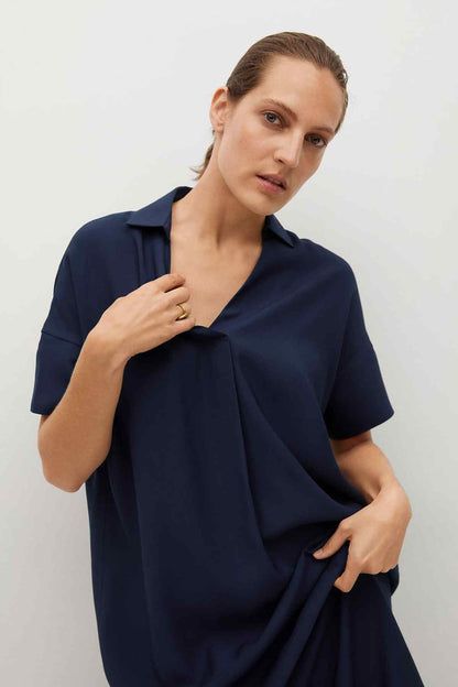 Dark navy short-sleeve shirt dress with collar and button-front V neckline