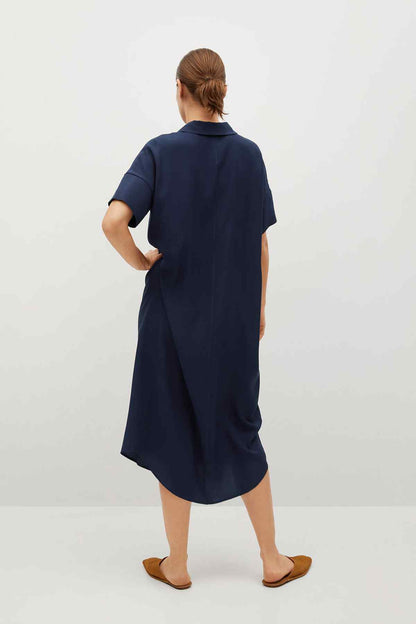 Dark navy short-sleeve shirt dress, back view