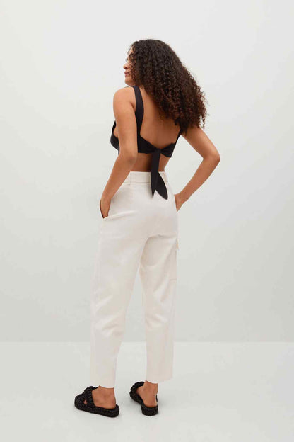 Ecru high-rise cropped trousers with cuffed hems and back view