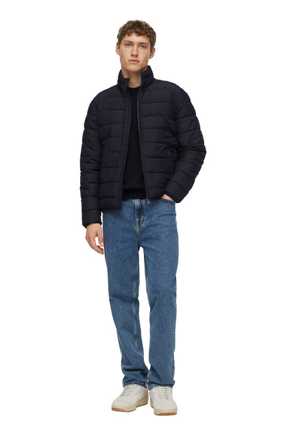Men's dark navy quilted puffer jacket with full-zip and stand collar