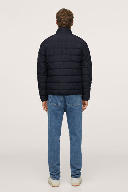 Men's dark navy puffer jacket, quilted back with full-zip and stand collar