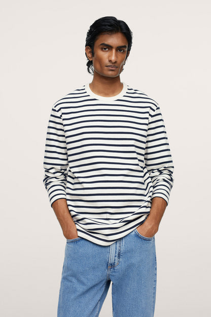 Off-white and navy striped long-sleeve crewneck shirt