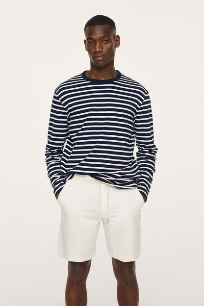 MANGO navy striped crewneck sweater, long sleeves and ribbed cuffs, front view