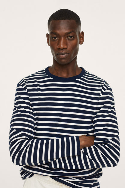 MANGO navy striped crewneck sweater with ribbed collar and cuffs, close-up front