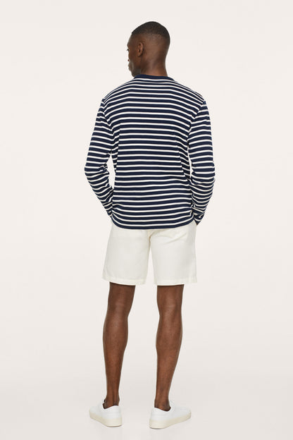 MANGO navy striped crewneck sweater, long sleeves and ribbed cuffs, back view