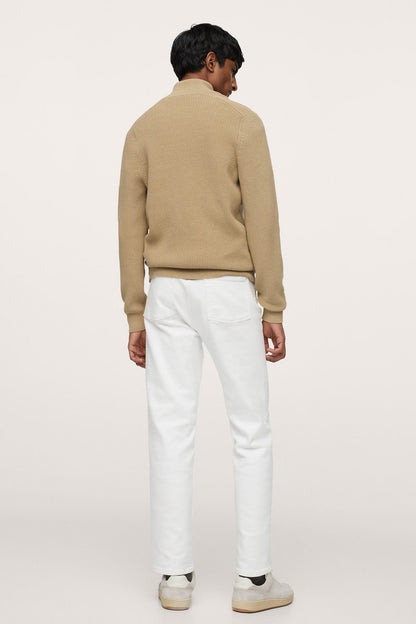 Beige ribbed knit zip-up sweater, back view, stand collar
