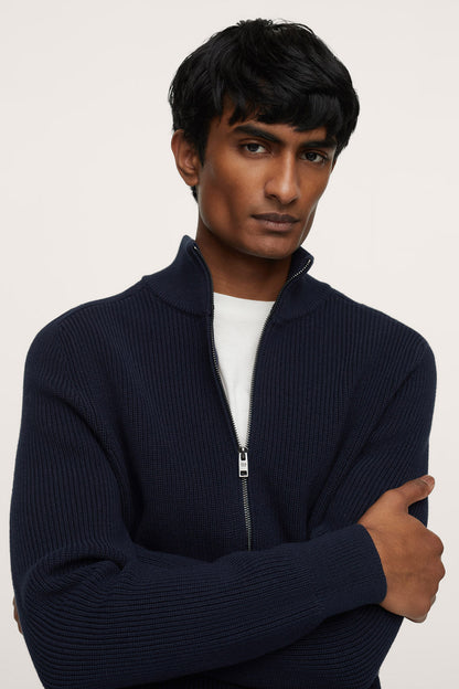 Men's dark navy knit zip-up cardigan, front view, full zipper