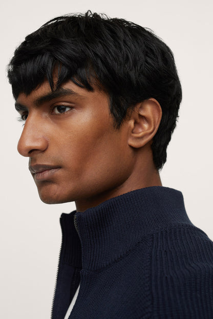 Men's dark navy knit cardigan collar with zipper detail
