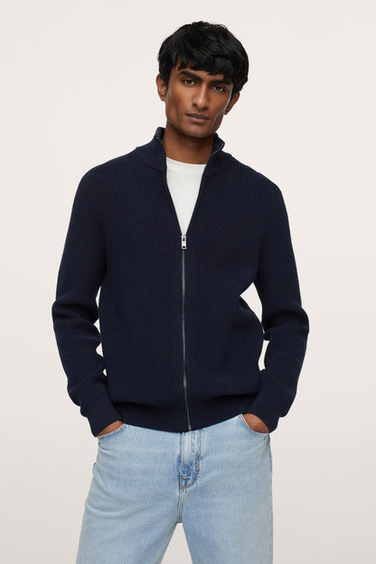 Men's dark navy knit zip-up cardigan with stand collar and ribbed cuffs