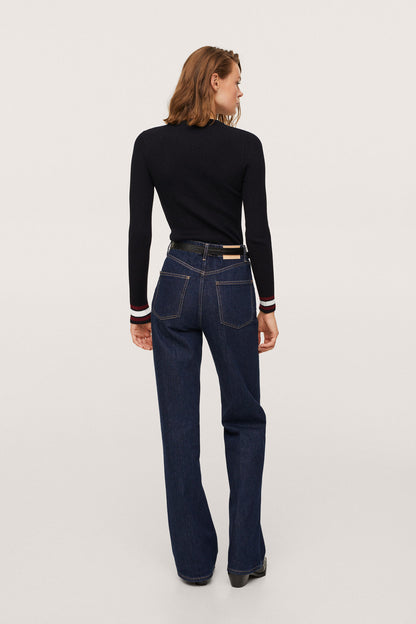 Black crew-neck knit sweater with striped cuffs, back view