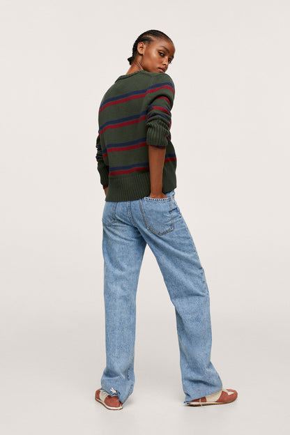 Green striped knit sweater, side view, ribbed neckline, cuffs, and hem