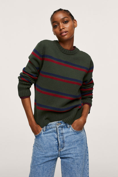 Green striped knit sweater with red and blue bands, ribbed cuffs and hem