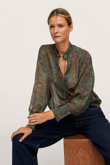MANGO patterned green blouse with V-neck, long sleeves, button front