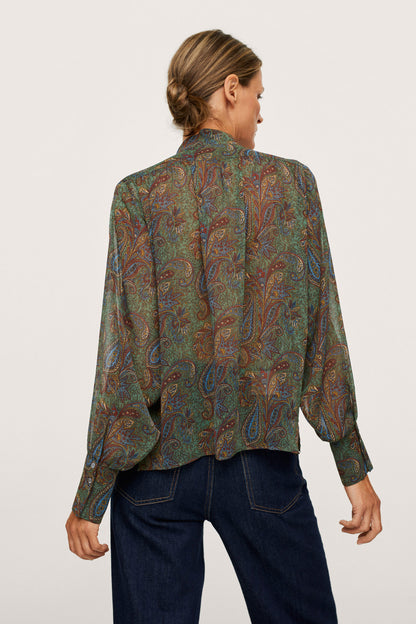 MANGO patterned green blouse, long sleeves, back view with button details
