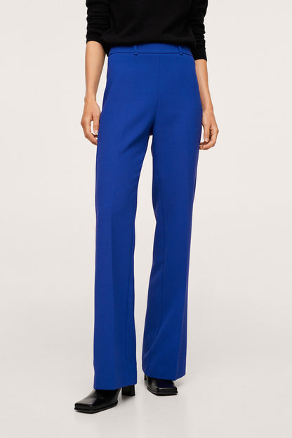MANGO blue wide-leg trousers, straight front crease, flared hem