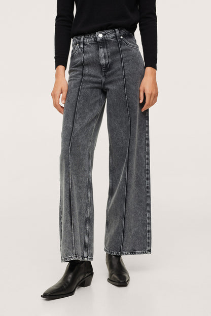 Grey denim wide-leg jeans with front seams and relaxed fit