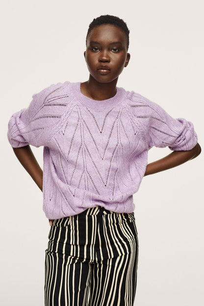Lavender knit sweater with puff sleeves and V-pattern stitching, crew neck