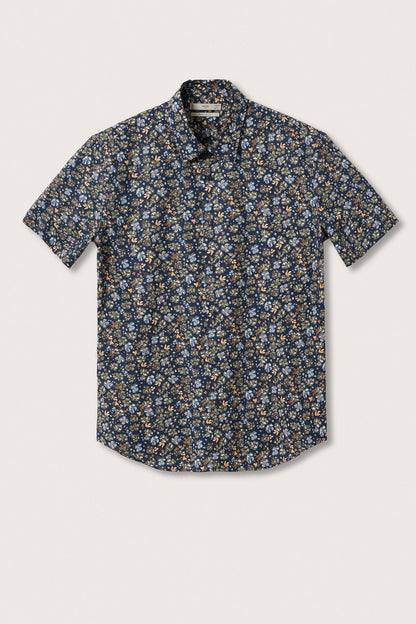 Dark navy floral short-sleeve button-up shirt with short sleeves and collar