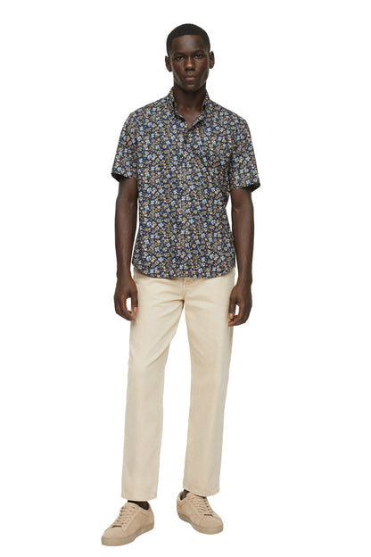 Men's dark navy short-sleeve button-up shirt with small floral print