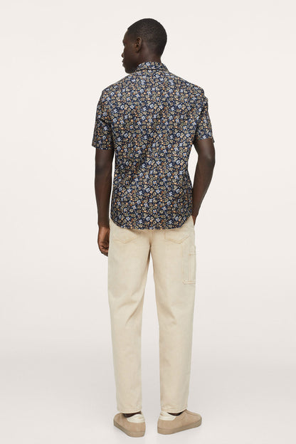 Men's dark navy short-sleeve button-up shirt with small floral print, rear view