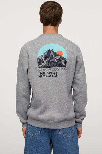 Heather grey crewneck sweatshirt with large back mountain graphic and 'THE GREAT HIMALAYAS'