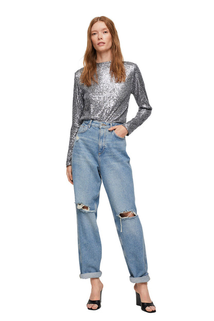 Silver sequin long-sleeve top with crew neck and relaxed fit