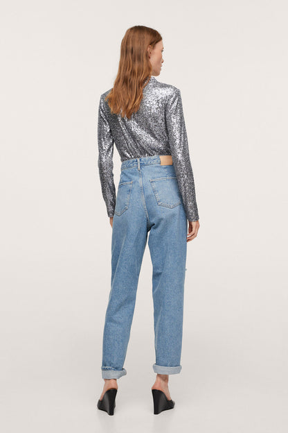Silver sequin long-sleeve top, back view, crew neck