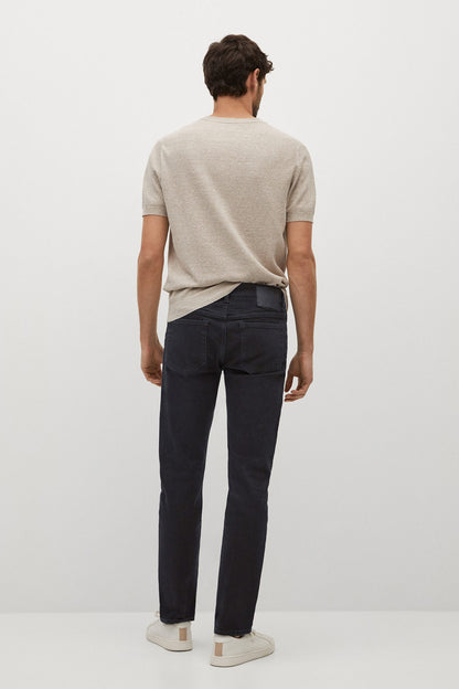Back view black denim jeans, straight fit with five pockets