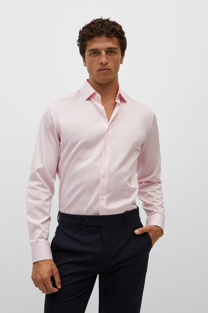 Men's pastel pink dress shirt, front view with button placket and cuffs
