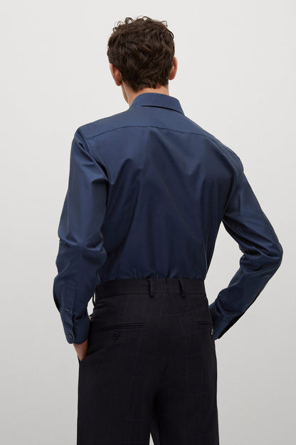 Men's navy button-up shirt, long sleeves, back view