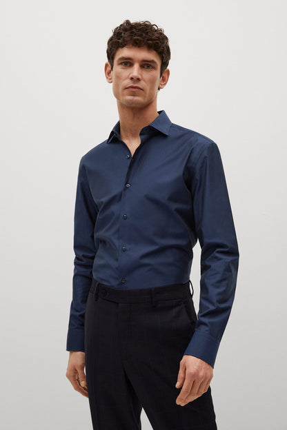 Men's navy button-up shirt, long sleeves, front view