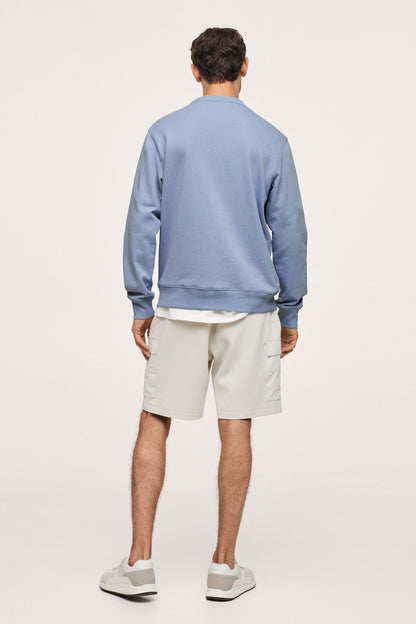 Sky blue crewneck sweatshirt, back view, ribbed hem and cuffs