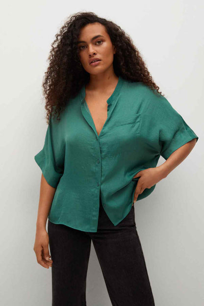 MANGO teal green short-sleeve button-up shirt with V-neck